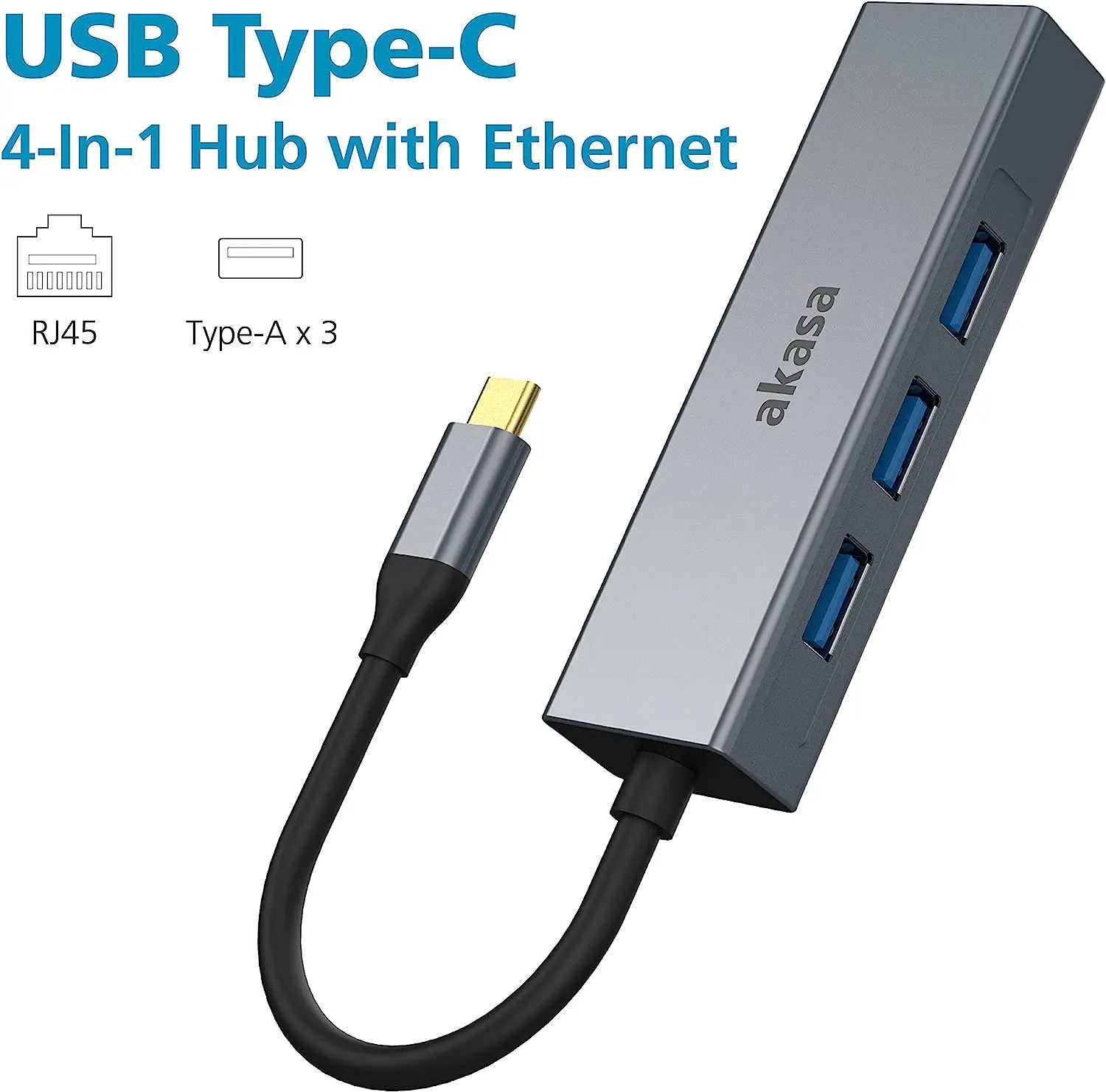 

Hub USB Tipo C 4 em 1 com Ethernet | 3 USB Tipo-A | 5 Gbps | RJ45 | 10/100/1000/Mbps | Liga de alumínio | Espaço Cinza | Comp