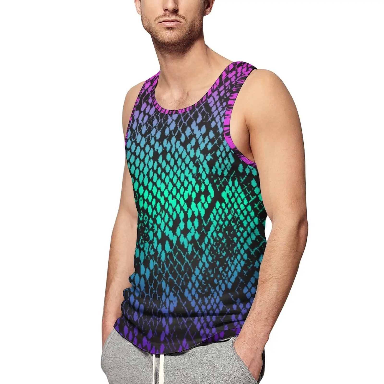 

Multi-Color Fade Snakeskin Summer Tank Top Colorful Skin Print Training Tops Mens Printed Trendy Sleeveless Vests Big Size