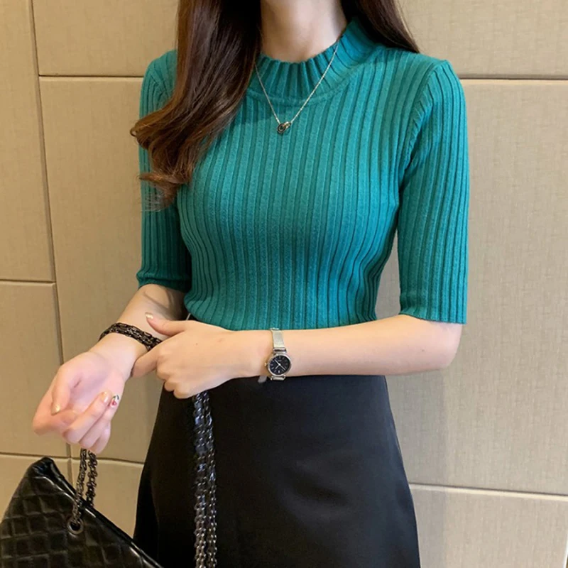 

Korean Fashion Half Sleeve Rib Knit Thin Pullovers Top For Women 2022 Spring Summer OL Slim Green Chic Tshirt Tops Female