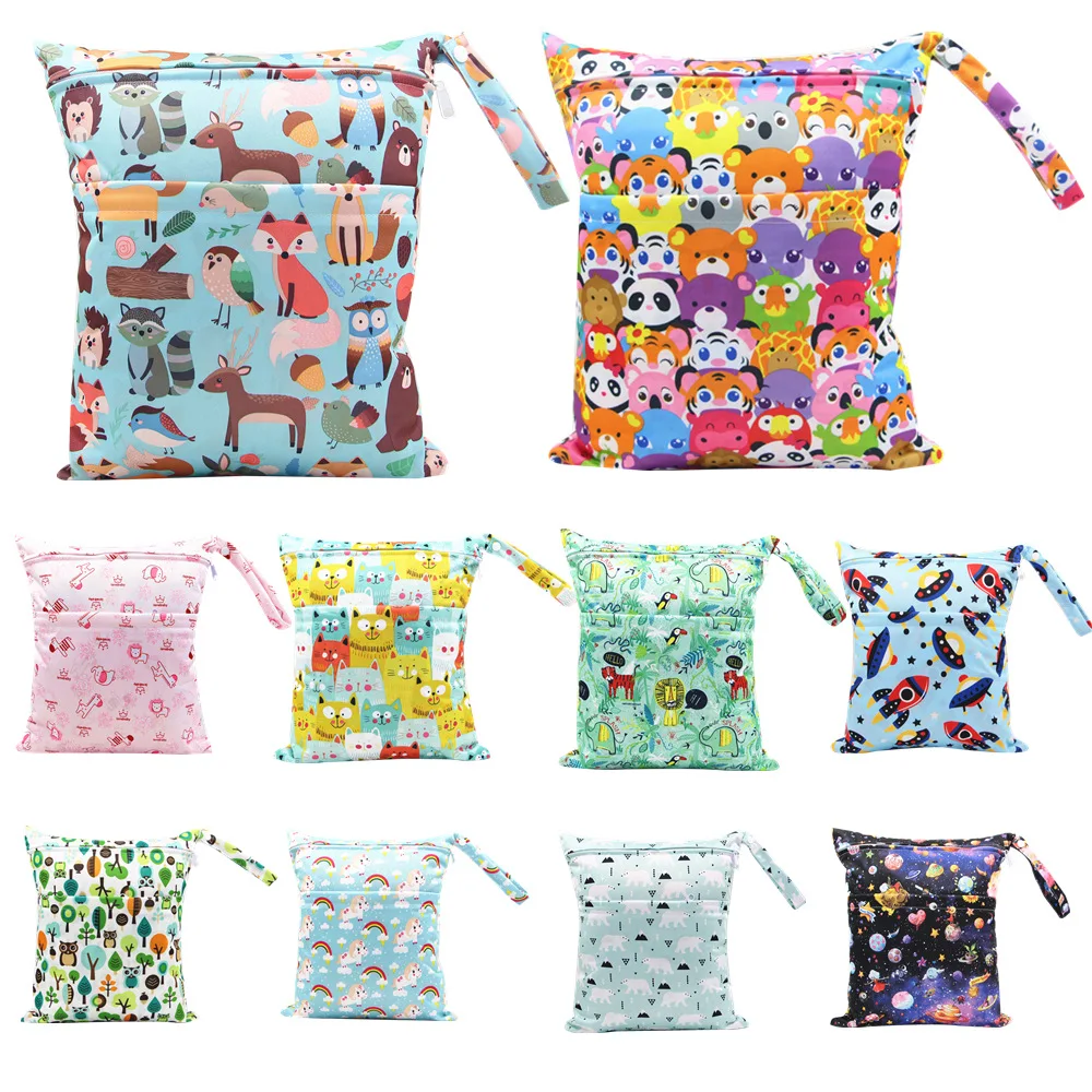 

30*36cm Baby Diaper Bag Zipper Cartoon Print Waterproof Dry Wet Nappy Storage Bag Stroller Hanging Mommy Handbag Diaper Stacker