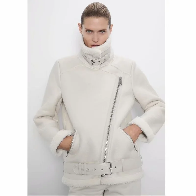 

Women Coat For Autumn Winter Faux Leather Thickened Warm Outwear Street Trends High Collar White Black Jacket Female Clothing