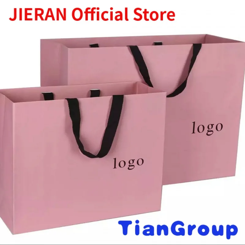 

Luxury brand custom logo gift paper bag for clothes pink matte garment clothing boutique packaging bags with ribbon handles