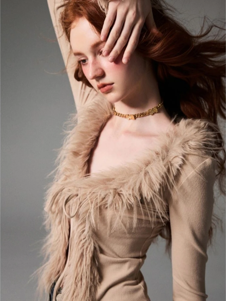 Элегантный винтажный Пушистый Плюшевый кардиган с V-образным вырезом на шнуровке