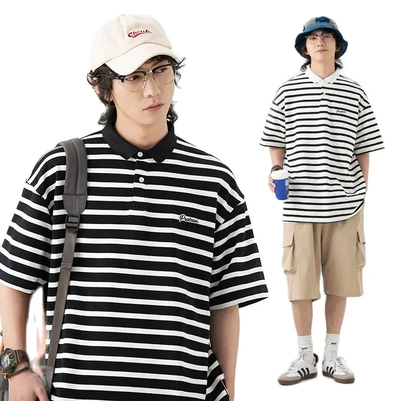 

Men's summer new vintage Japanese textured striped polo short sleeve T-shirt