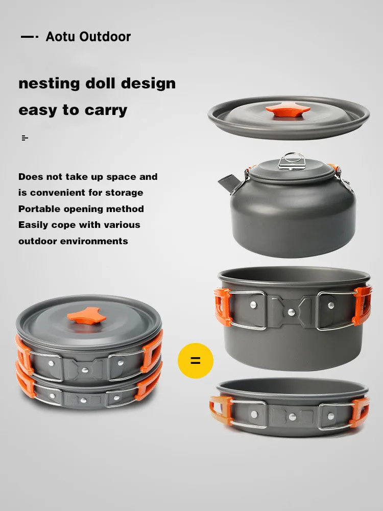 

Набор кухонной посуды для кемпинга, алюминиевый антипригарный портативный набор посуды для открытого воздуха, поддон для сковороды, чайник...