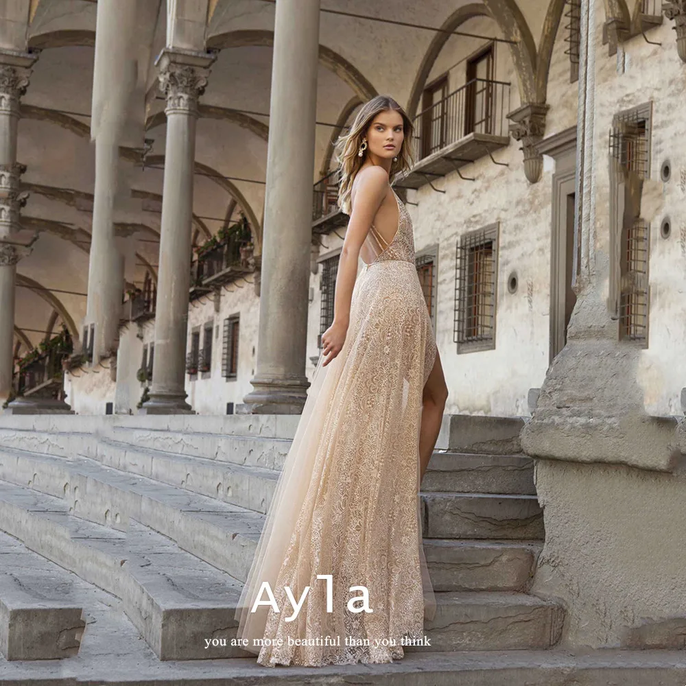 

Блестящее прозрачное женское платье с высоким разрезом, платье для выпускного вечера с V-образным вырезом, вечернее платье цвета шампанског...