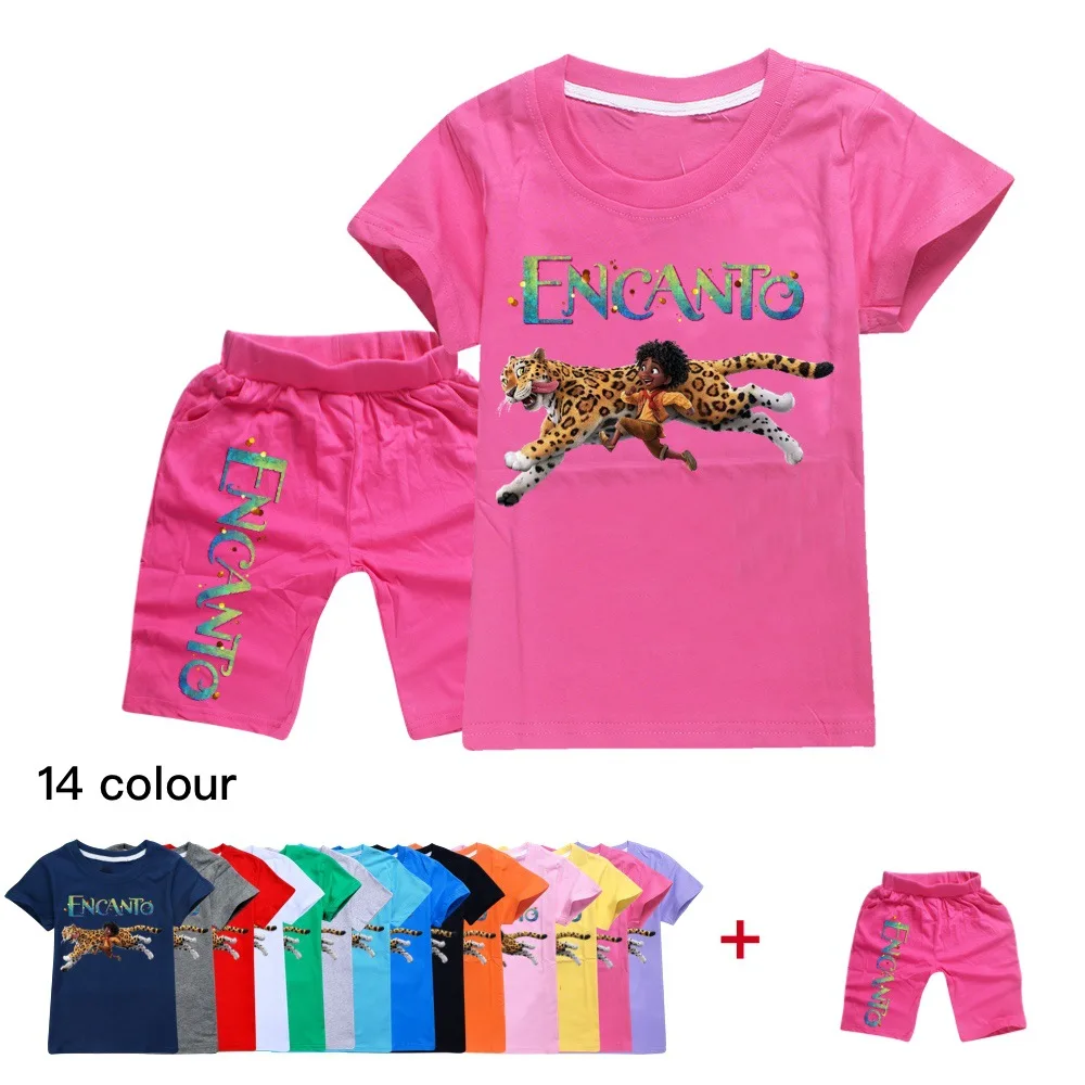 

2022 Disney Summer 2PCS New Movie Encanto Cartoon Print Cotton Boys Girls Tops|+Shorts Clothes Kids Clothing Set 2-16Y