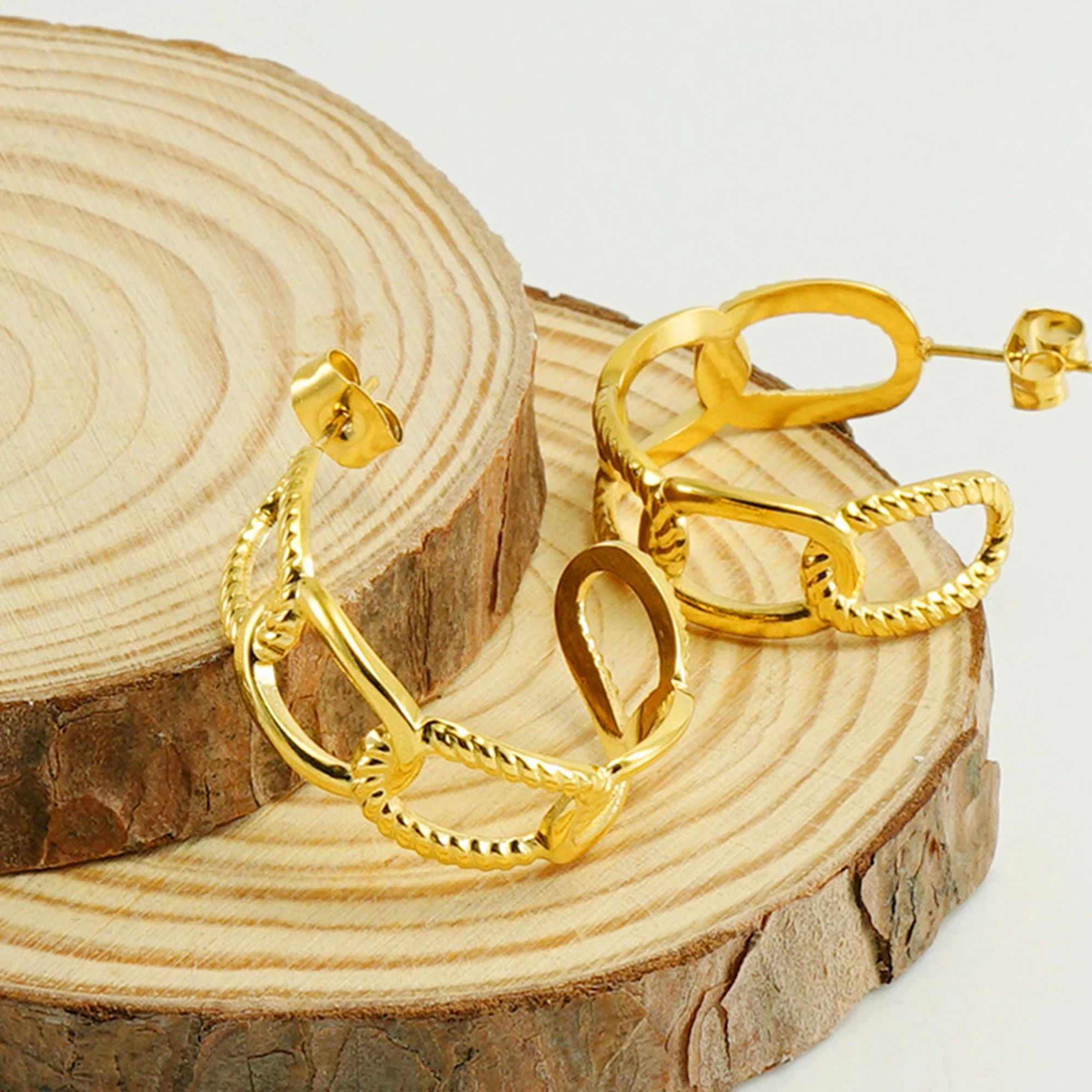 

Новое поступление, позолоченные соединительные серьги-кольца из нержавеющей стали 18 карат с винтажным геометрическим дизайном