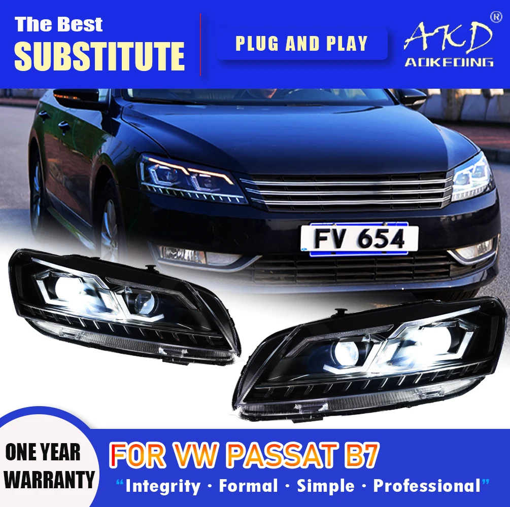 Фото Фара AKD для VW Passat B7, светодиодная фара 2011-2016, версия для США, с дневными ходовыми огнями, указателями поворота, дальним светом, ангельскими глазками и проекционной линзой. №2