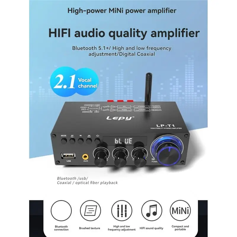 Фото Усилитель мощности Lepy LP-T1 30Wx2+60W 2.1-канальный с Bluetooth 5.1, коаксиальным и USB-входами, супербасом, сабвуфером, пультом ДУ, вилка стандарта США №4