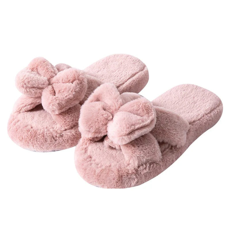 Winter Women's Bow-Tie Chanclas  Fur Slipper Home Shoes For Women  Lovely Floor   Indoor House Slippers With Fur