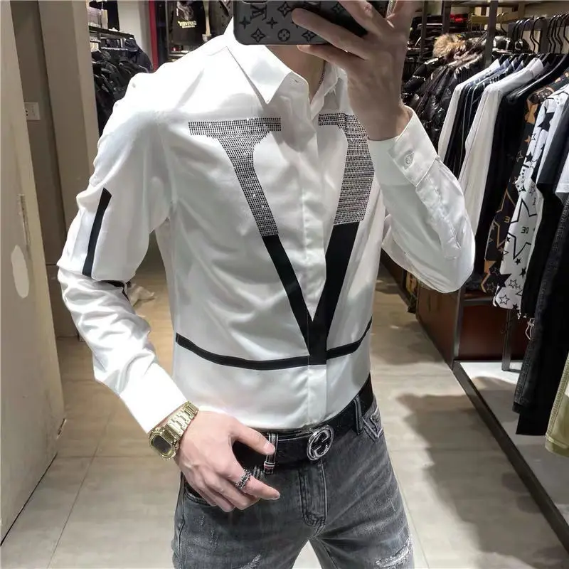 Men's autumn long sleeve shirt trend fashion slim Korean version of personality letter hot diamond printing Joker shirt