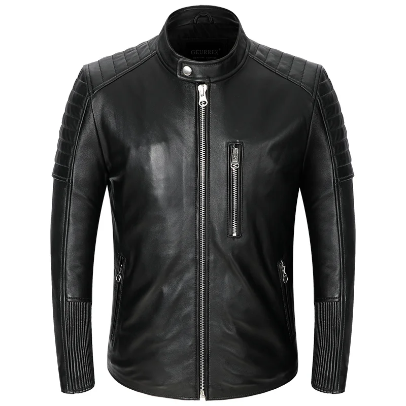 

Мужская мотоциклетная куртка из натуральной кожи, Черная байкерская куртка из 100% натуральной овечьей шкуры с воротником-стойкой для зимы и ...