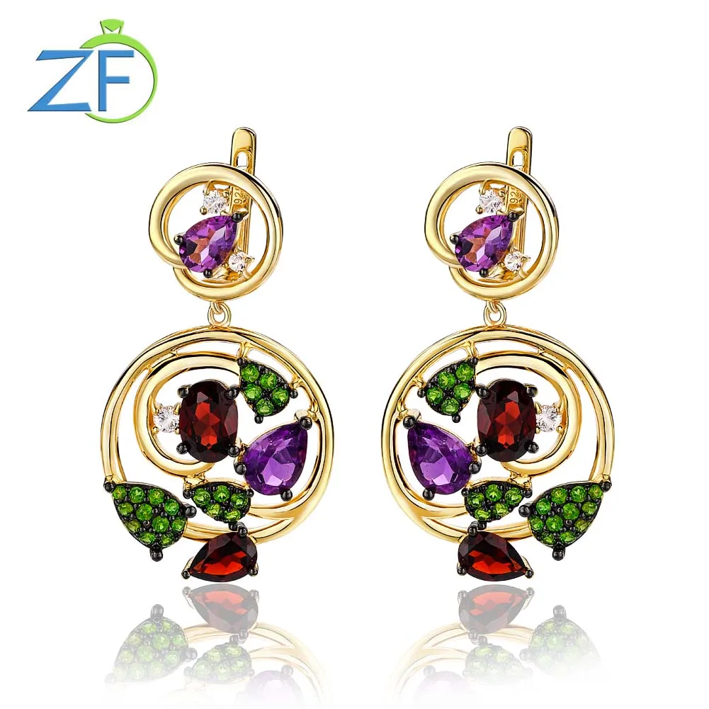 

GZ ZONGFA Pure 925 Sterling Silve Drop Earrings for Women Natural Amethyst Garnet Colorful Mix Gems 6ct Gold Plated Fine Jewelry