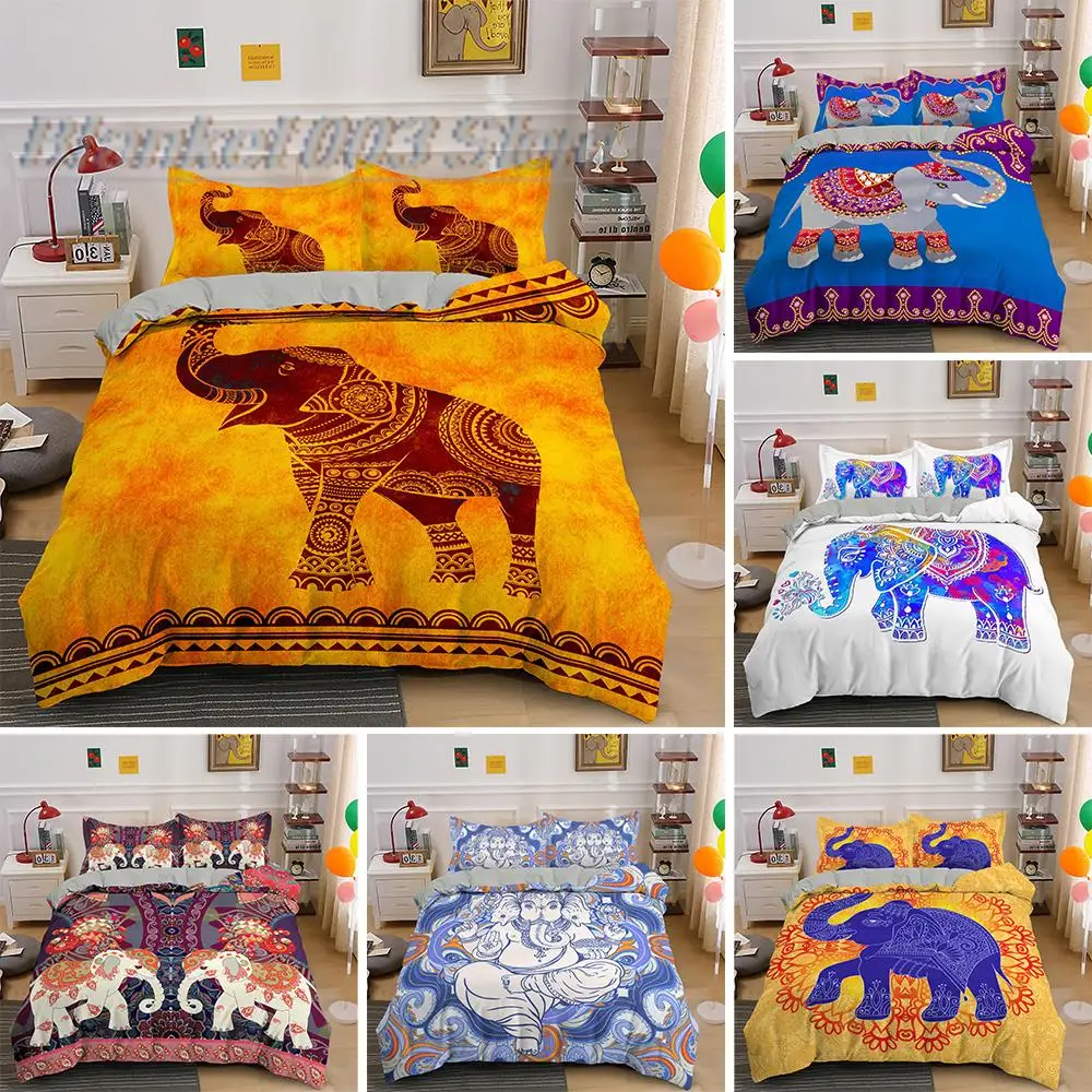 

Boho Elephant Bedding Sets Queen King Size 2/3Pcs Psychedelic Duvet Cover Set With Pillowcase Hippie Quilt Covers Bed Linen