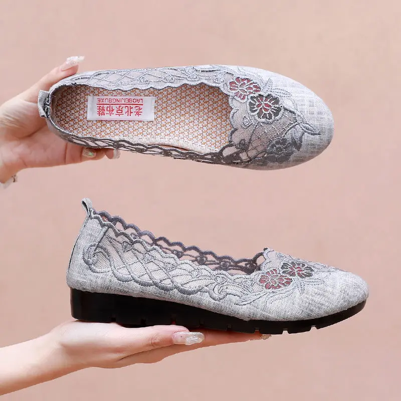 Summer Mesh Ballet Flats Women's Embroidered Flower Loafers Ladies Weightlight Wedge Shoes Free Shipping Mother Casual Slip Ons
