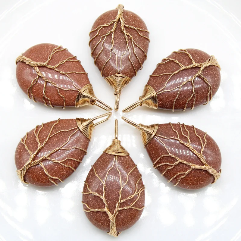 

Wholesale 3 pieces of natural sandstone pendant gold coiour bronze life tree steel wire wound women's men's jewelry accessories