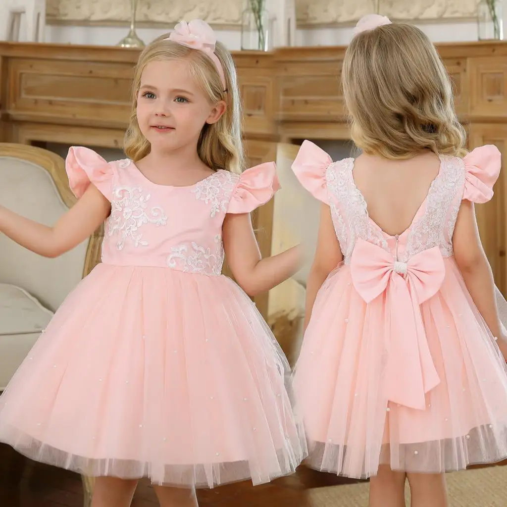 

Baby Girl 1 Year Birthday Dress Princess Pearls Infant Lace Christening Gown Toddler Girls Clothes Girl Dresses Match Headwear