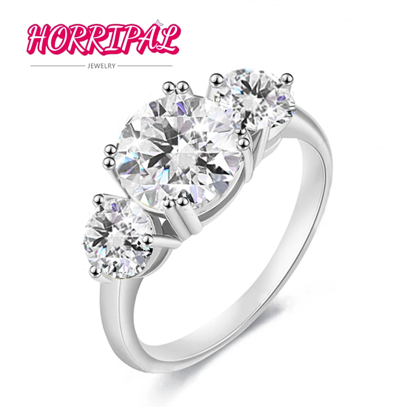 

HORRIPAL D VVS1 Moissanite Ring S925 Silver 18k Platinum Plated Classic Elegant Style 3 Stones Ring Gift For Woman Fine Jewelry