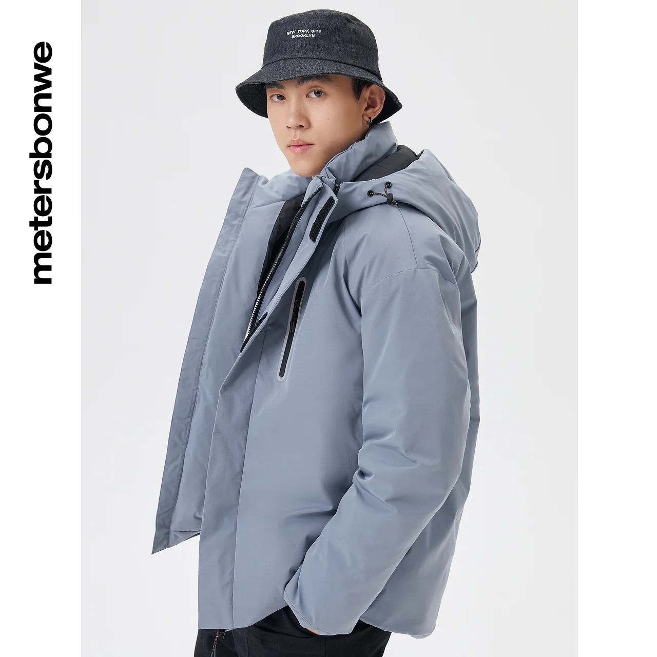 Metersbonwe Men's Thick Waterproof Winter Warm Down Jacket 80% Gray Hooded Duck Down Solid Color Short Down Coat