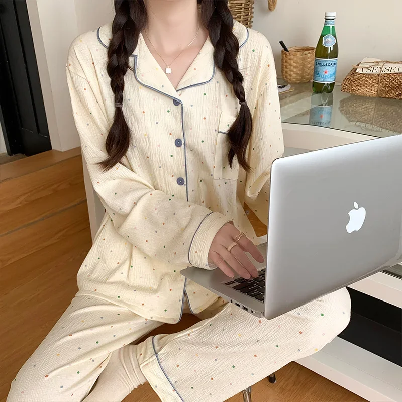 Новые милые женские пижамы в горошек с длинными рукавами весенне-осенний