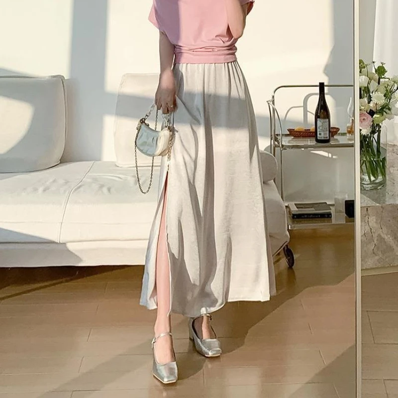 

Women Basic Satin Maxi Long Split Skirt