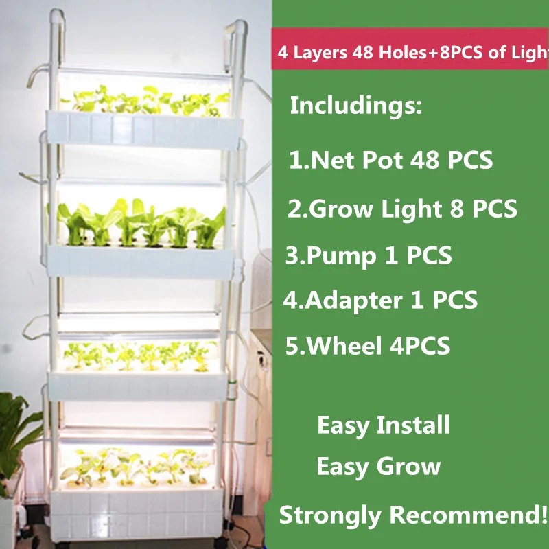 

Indoor Garden 4 Layers 48 Hole White Vertical Hydroponic Planter Lettuce Strawberry Growing Systems Kits with 8 PCS of LED Light