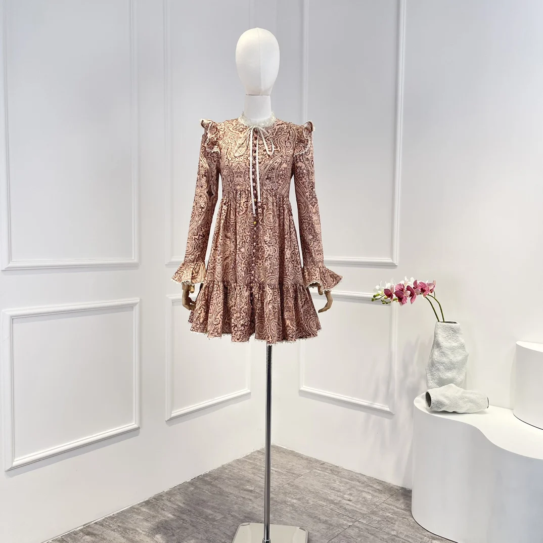 

Женское мини-платье с рюшами, винтажное платье с принтом пейсли, оборками и длинными расклешенными рукавами, весна-лето 2023