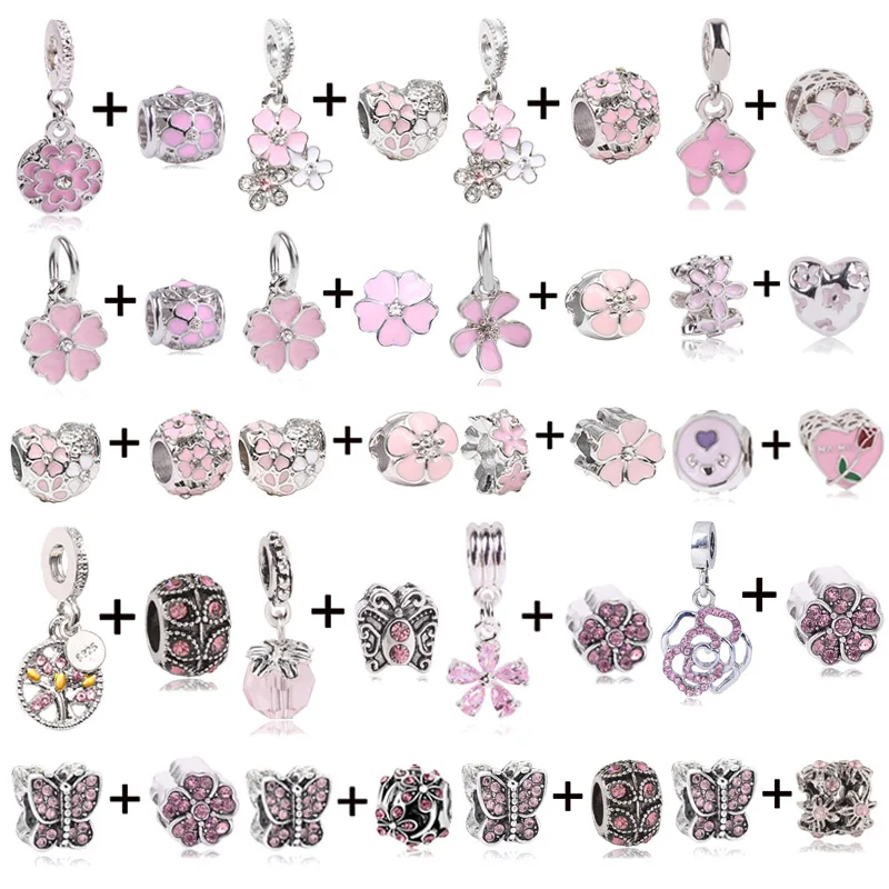 

2 шт./лот 45 стилей модные ювелирные изделия Pandora подарок DIY розовые бусины Сакура Подвески подходят для Посеребренного браслета для женщин