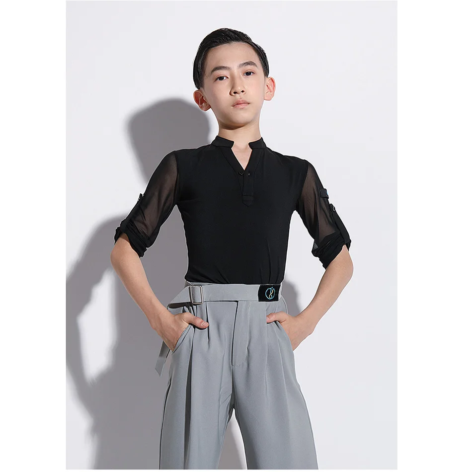 

Boy Latin Dance Tops Black Transparent Design Male Long Sleeves Latin Dancing Top Shirt Tango Costume
