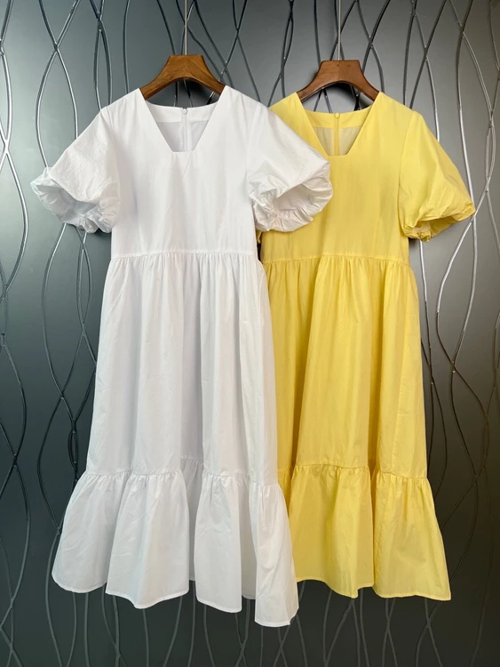 

2022 new women fashion bubble short-sleeved V-neck slim A-line swing clean face long skirt dress 614