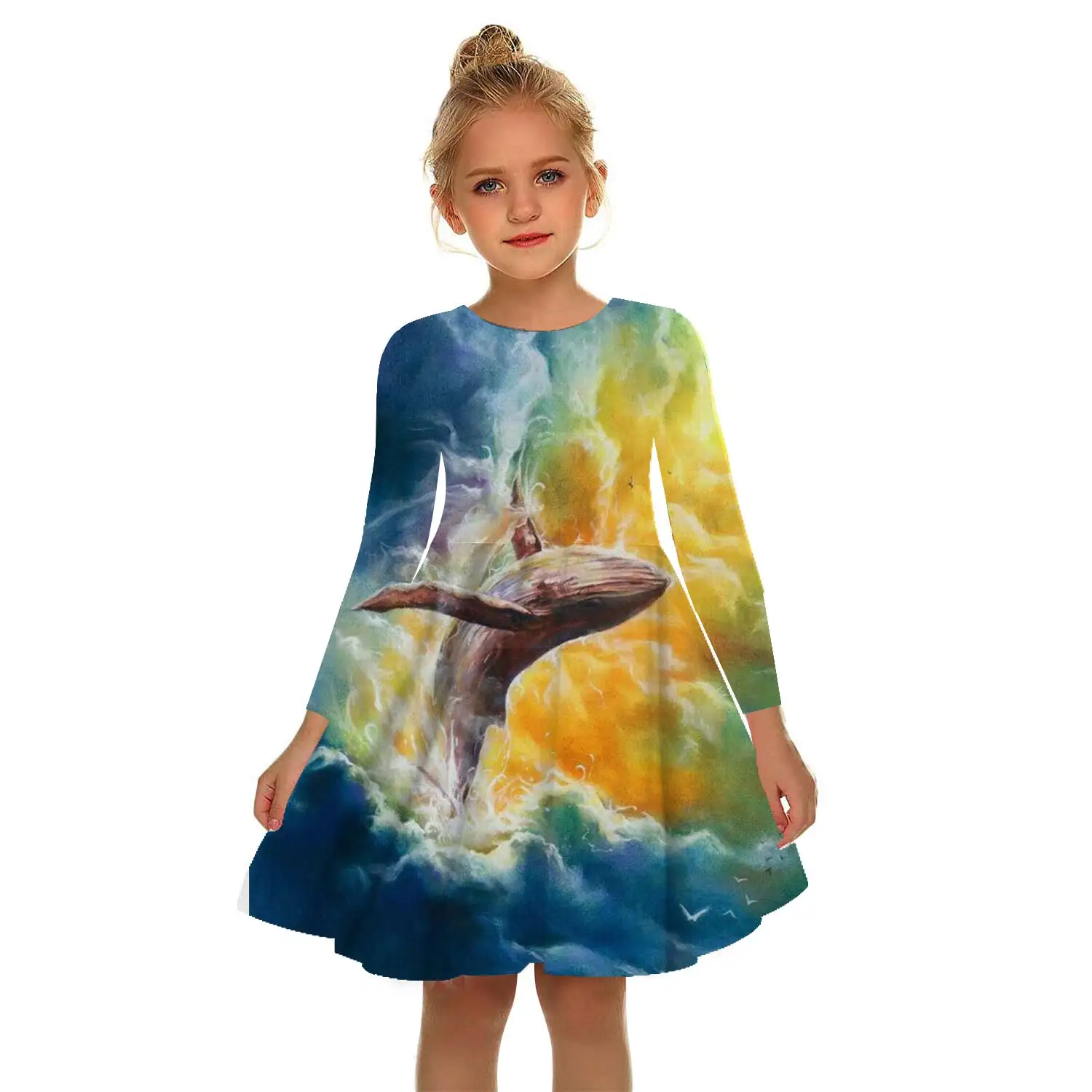 

Ocean Summer Dress 3D Printing Birthday Party Princess Dress Lace Skirt Wedding Rainbow Children Retro Floral Whale Dress 2-17T