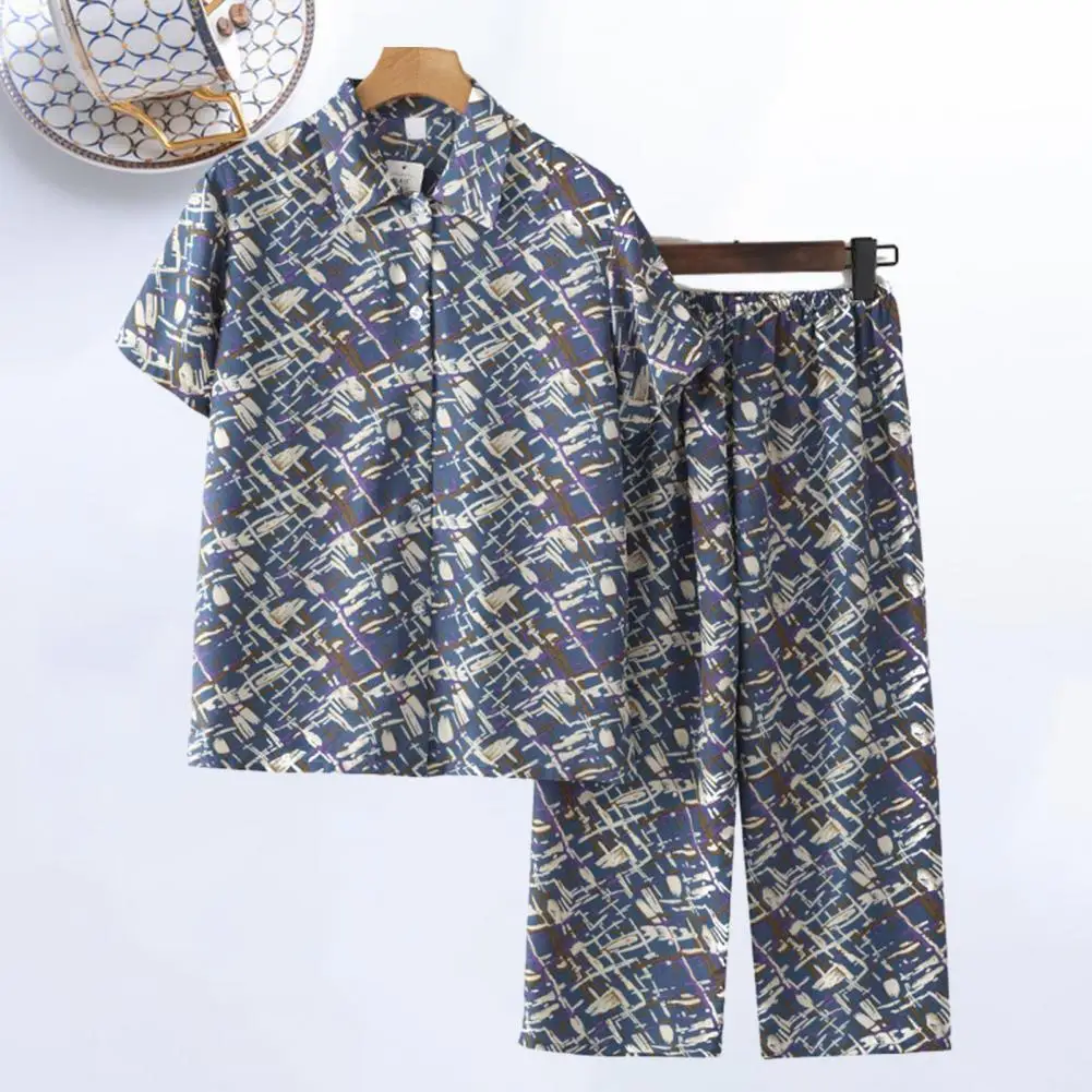 

Женский летний комплект из 2 предметов, домашняя одежда среднего возраста, рубашка с широкими штанинами и брюки с геометрическим принтом