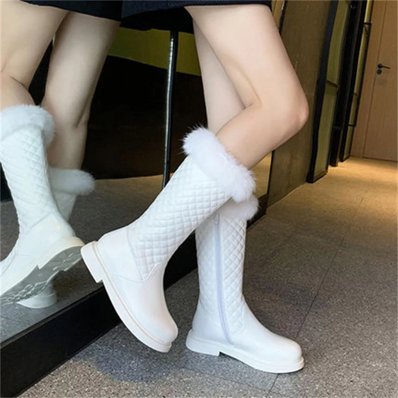 

Новинка, зимние ботинки для девочек, белые высокие кожаные ботинки на толстой плюшевой подкладке для принцесс, обувь для студентов, малышей,...