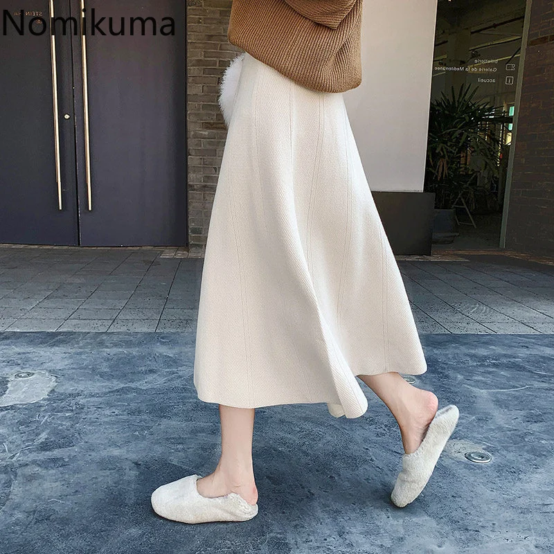 

Nomikuma Skirts for Women Autumn Winter High Waist Knitted A-line Faldas Mujer Moda 2022 Elegant Vintage Jupe Longue Femme