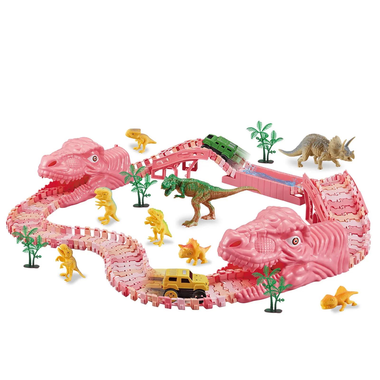 

Dinosaur Race Track 165 PCS Flexible Track Playset 8 Dinosaurs Figures Electric Race Cars Vehicle Playset Create A Dinosaur