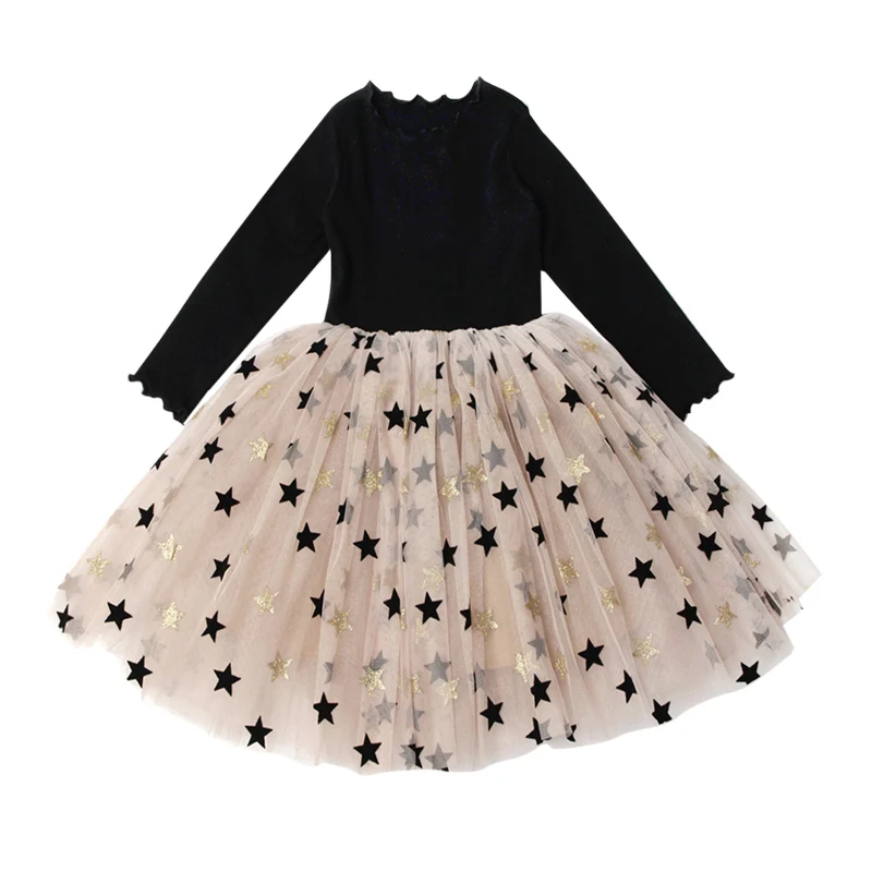 

Girls Dress Autumn Winter Long Sleeves Casual Solid Cotton Star Mesh Ball Gown Dress Birthday Party Princess Kids Prom Clothes