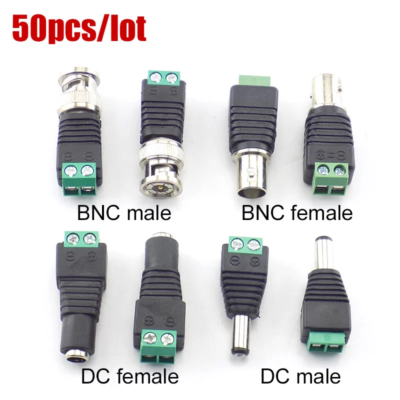 

50x 12V BNC DC Connectors male female plug adapter power supply Connector 5.5X2.1MM Coax Cat5 for Led Strip Lights CCTV Camera