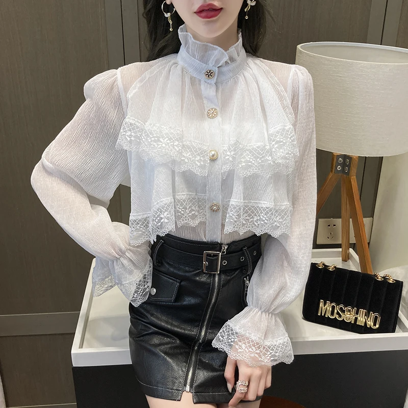 

2022 Spring Autumn Women Fairy Blouse Stand Collar Apricot White Sweet Blusa Flare Sleeve Chic Feminine Lace Ruffles Lady Shirt