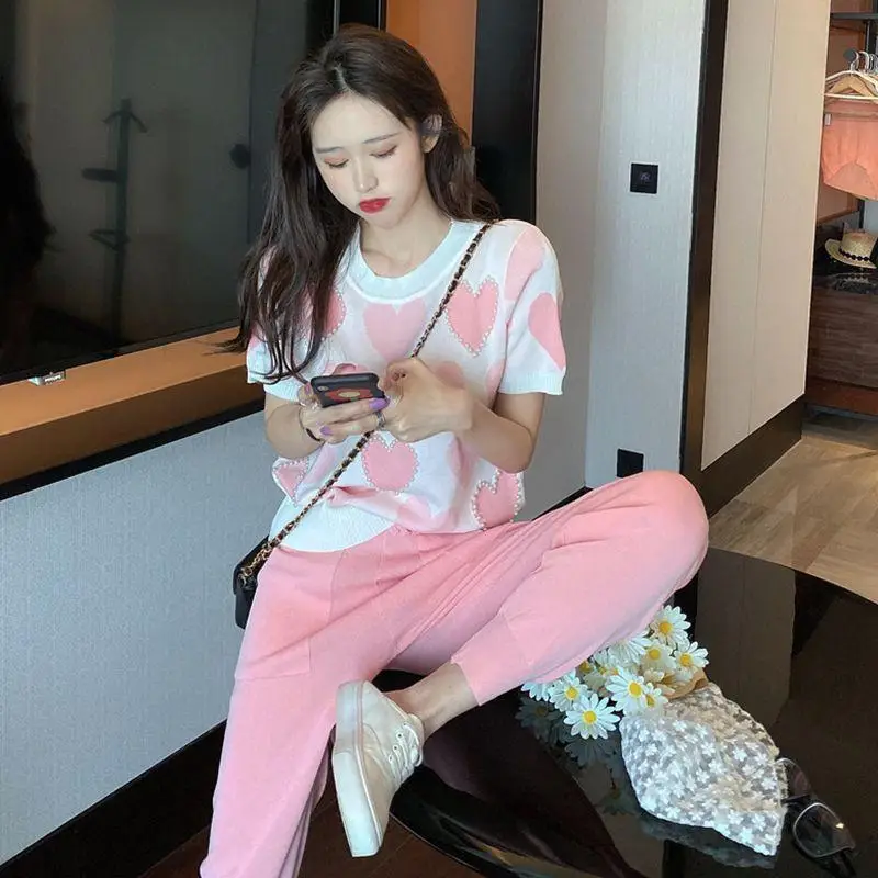 

Summer Woman Print Shorts Sleeve Tops Suits Female Vintage Shirt and Long Pants Suits Ladies Two Piece Set Casual Outfits G15