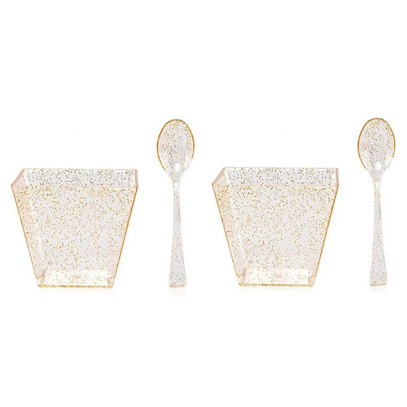 

100 шт. стаканы и ложки для пудинга с золотым ободом 60 мл стаканы для свадебной вечеринки золотые бронзирующие стаканы для питья
