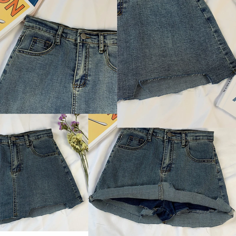 Loose Denim Short Skirt Women's Summer Blue Elastic Anti aliasing Skirt Pants Korean High Waist Washed Old Wrap Hip Notch