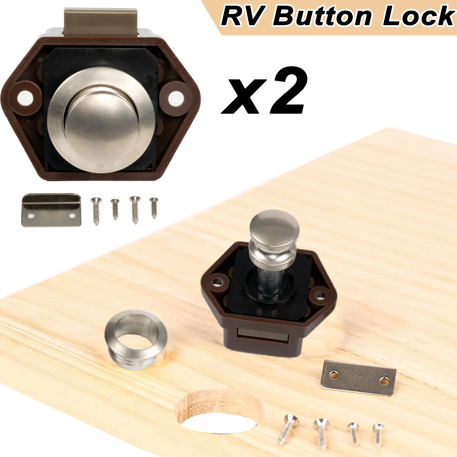 

2x Zinc Alloy Keyless Push Button Catch Locks Latch Knobs Drawer Cupboard Door Cabinet Drawer Handle For Campervan RV Boat Brown