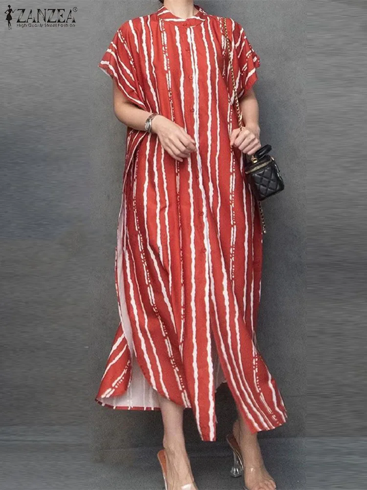 

Женское платье-рубашка в полоску ZANZEA, винтажное Макси-платье с коротким рукавом и круглым вырезом, летнее платье с разрезом, 2023