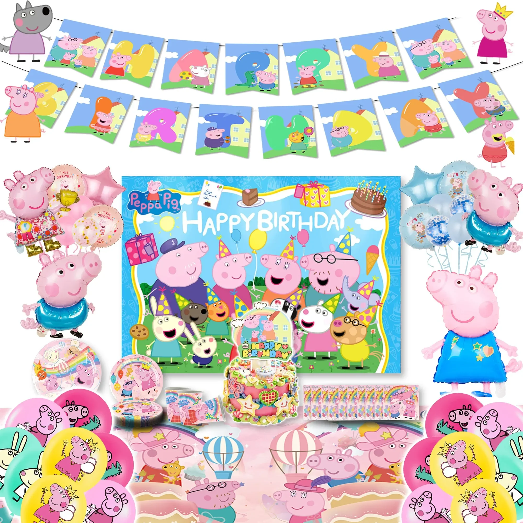 Cartoon Peppa Pig family Birthday Party cutlery plate Disposable Banner Topper Hanging Flag Balloons Cake shop Decoration