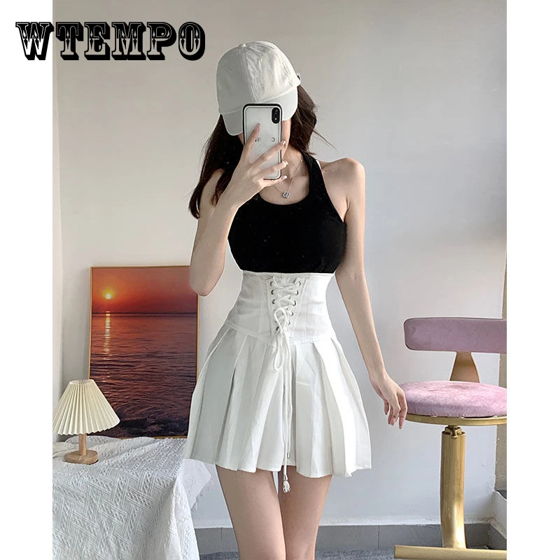 

WTEMPO White High Waist Pleated Skirt With Strap Sexy Spicy Girls' Temperament Summer 2023 New Solid Color A-line Short Skirts