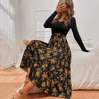 womens autumn and winter new products long sleeved print stitching fashion casual long dress