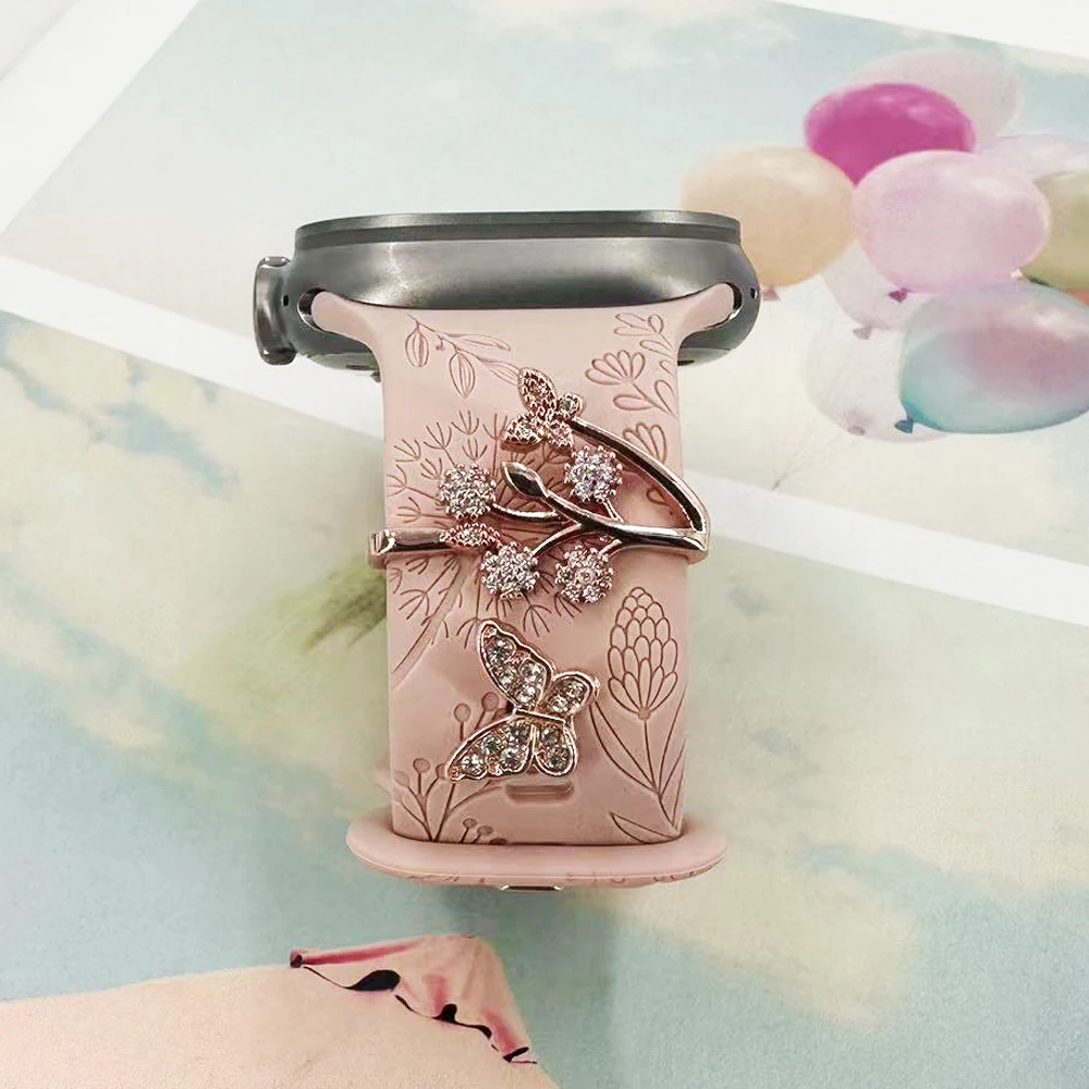 Carved Pattern Slicone band for Apple Watch 40mm 41mm 44mm 45mm 49mm Sport bracelet Strap with decoration charms for iwatch 8 7