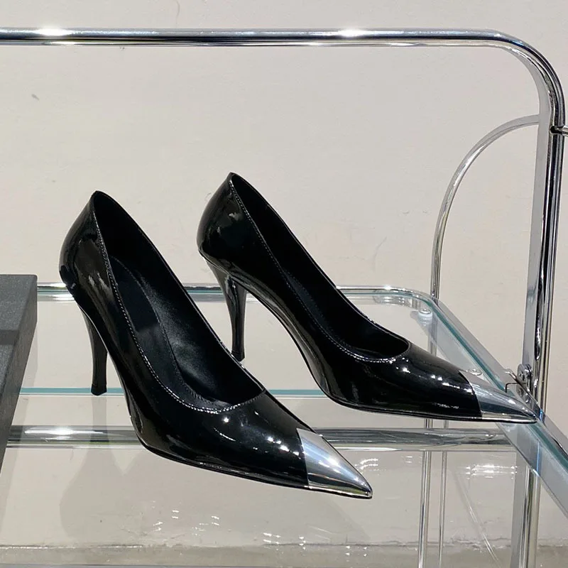 2023 Summer New Metal Pointed Black Lacquer Thin Heel High Heel Shoes Women's Versatile Shallow Mouth Single Shoes