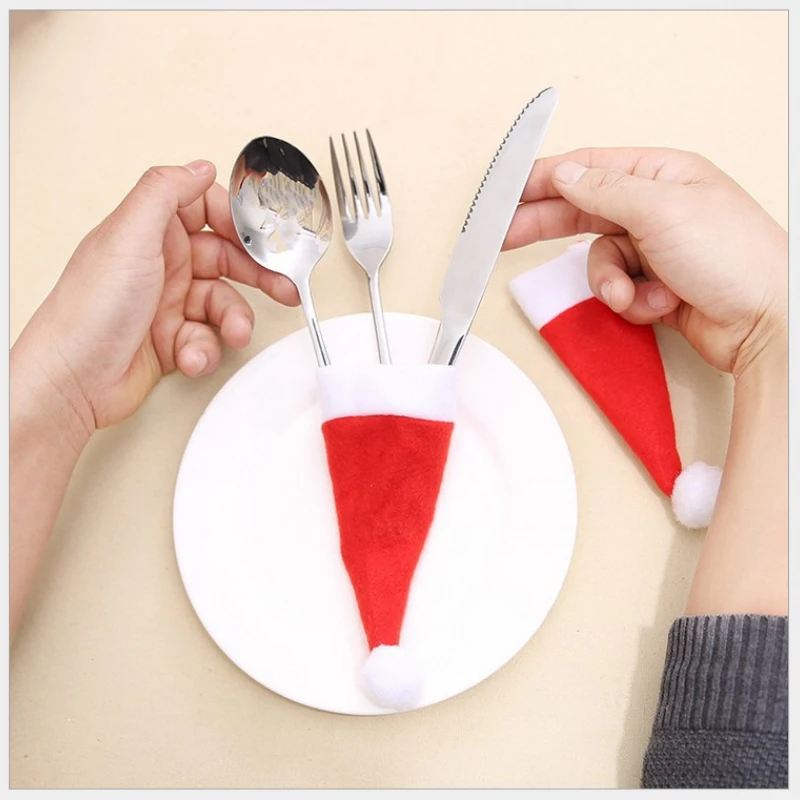 

Christmas Decorations Mini Hat Wine Bottle Cap Brushed Cloth Hat Kitchen Table Holiday Household Knife And Fork Set Accessories